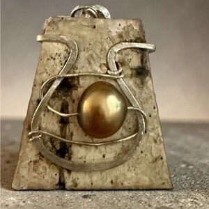 Vintage 1970s Studio Craft Pendant Wood & Genuine Pearl Modernist Artisan